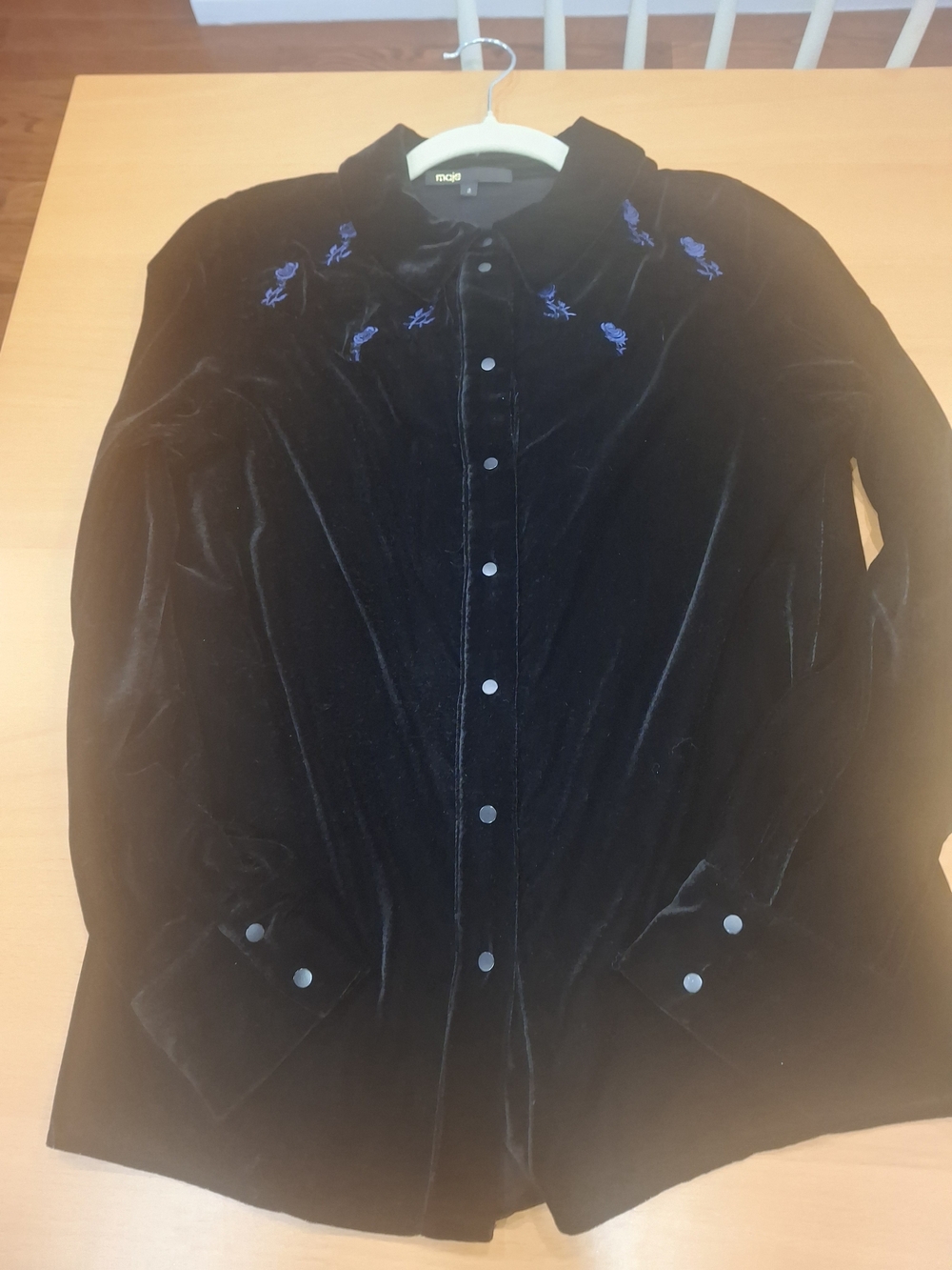 Maje Black Velvet Button Down Blue Rose Embroidery